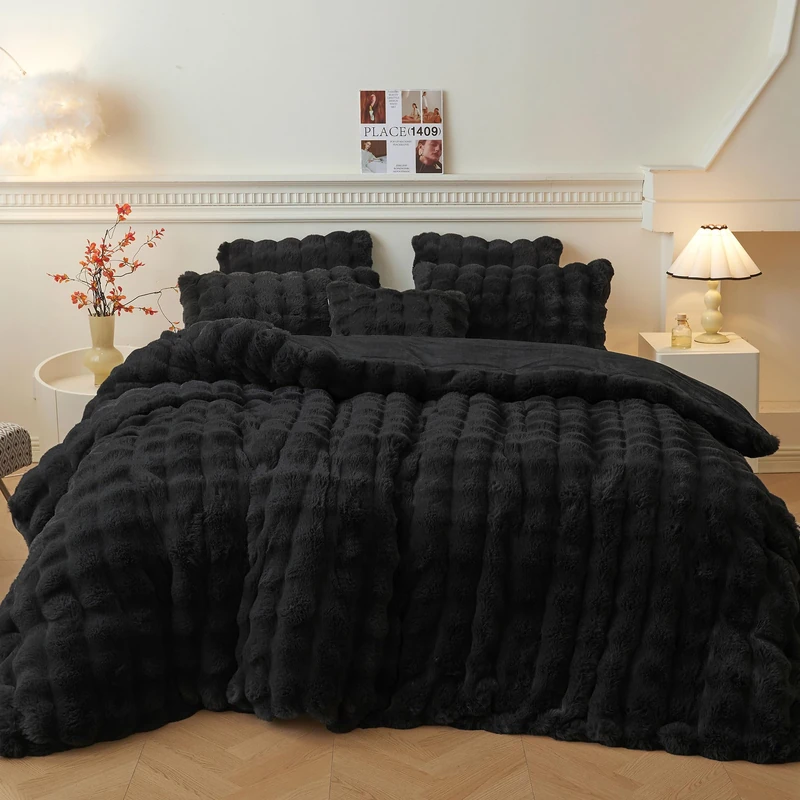 LIFEREVO 2 PCS Fluffy Faux Rabbit Fur Duvet Cover Set Twin Size, Black