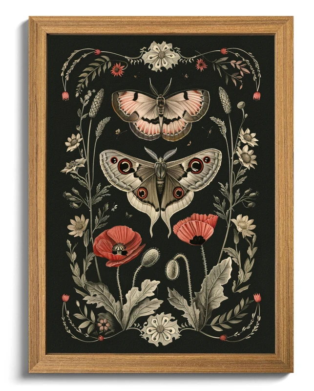 Vintage Framed Wall Art - 3D Textured Classical Style Moth Pictures Wall Decor - Hand Drawn Flowers Nature Art Painting for Living Room Bedroom Home Decor 24x36in