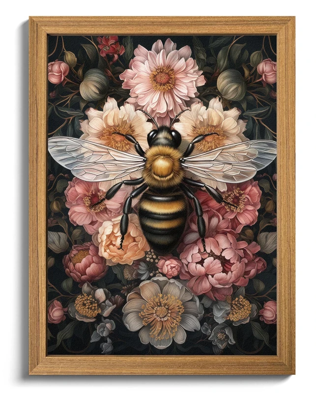 Framed Vintage 3D Textured Wall Art - Dark College Bee Flowers Wall Decor - Hand Drawn Sandstone Nature Botanical Pictures for Living Room Bedroom Home Decor 24x36in