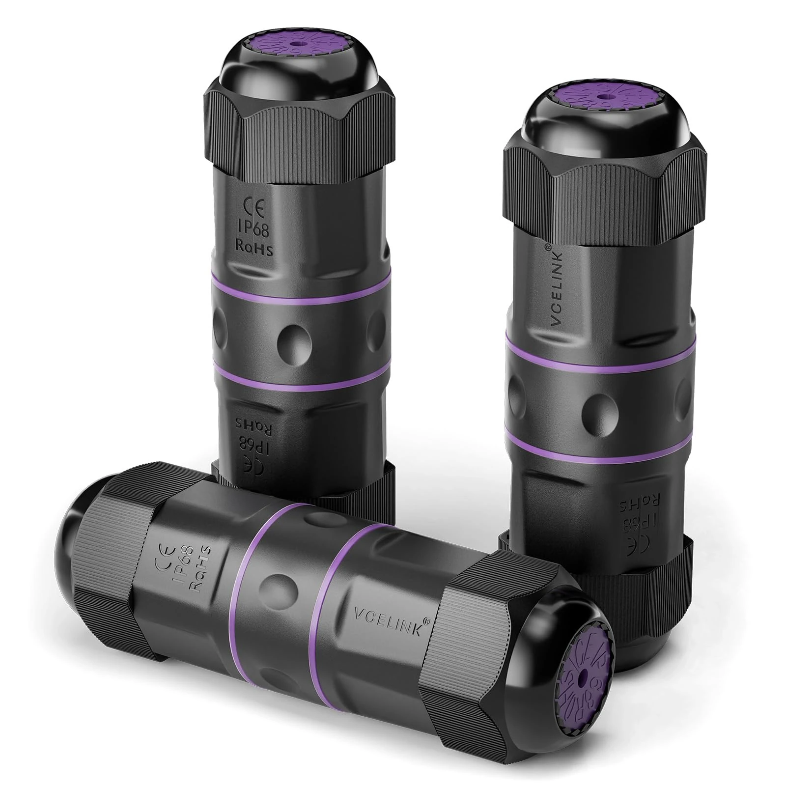 VCELINK Outdoor Waterproof RJ45 Coupler IP68 - Compact Design for Tight Spaces, Shielded Waterproof Ethernet Connector, Cat6/Cat5E/Cat5, PoE, 3-Pack (3.64in)