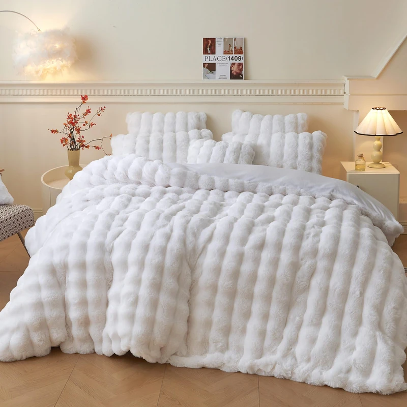 LIFEREVO Luxury Faux Rabbit Fur Duvet Cover Set Twin Size 2 PCS, White