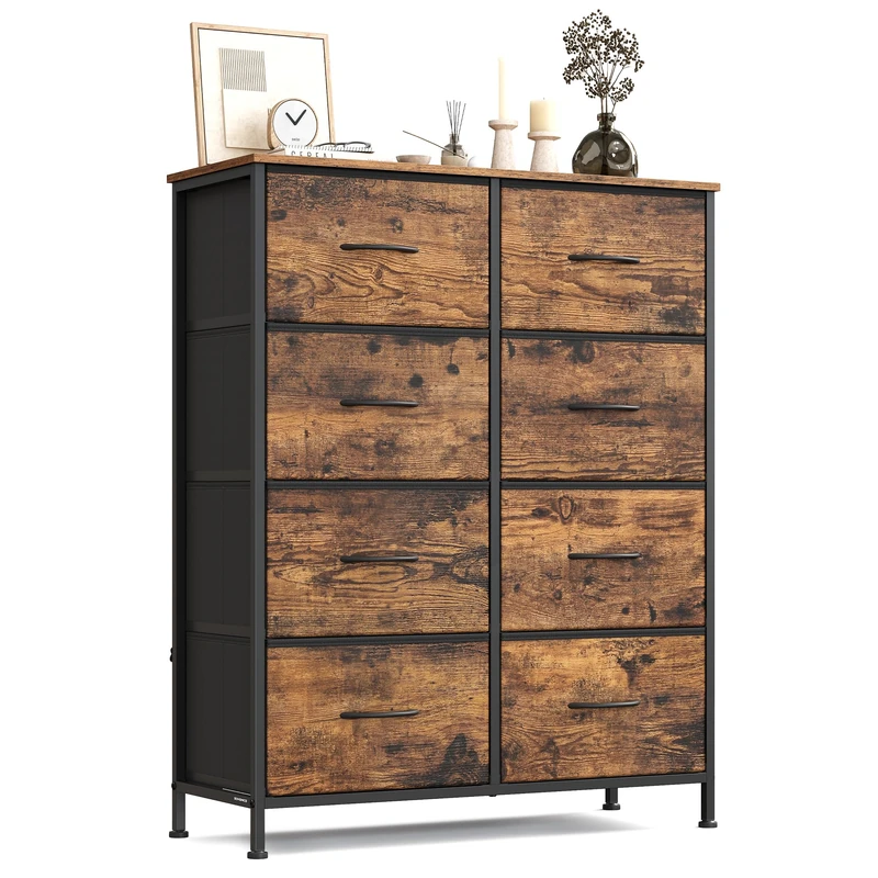 SONGMICS Chest of Drawers, 8 Fabric Drawers Storage Unit, Steel, MDF, Non-Woven Fabric, for Bedroom, Closet, Hallway, Living Room, Rustic Brown and Ink Black LGS124BH04