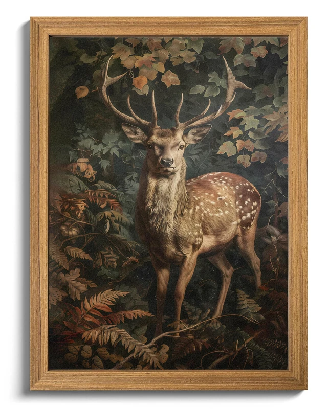 AKWISH Framed 3D Textured Vintage Wall Art - Dark Academia Decor Sika Deer Hand Drawn Sandstone Paintings with Botanical Florals, Aesthetic Wall Decor for Living Room Bedroom Home 24x36 inch
