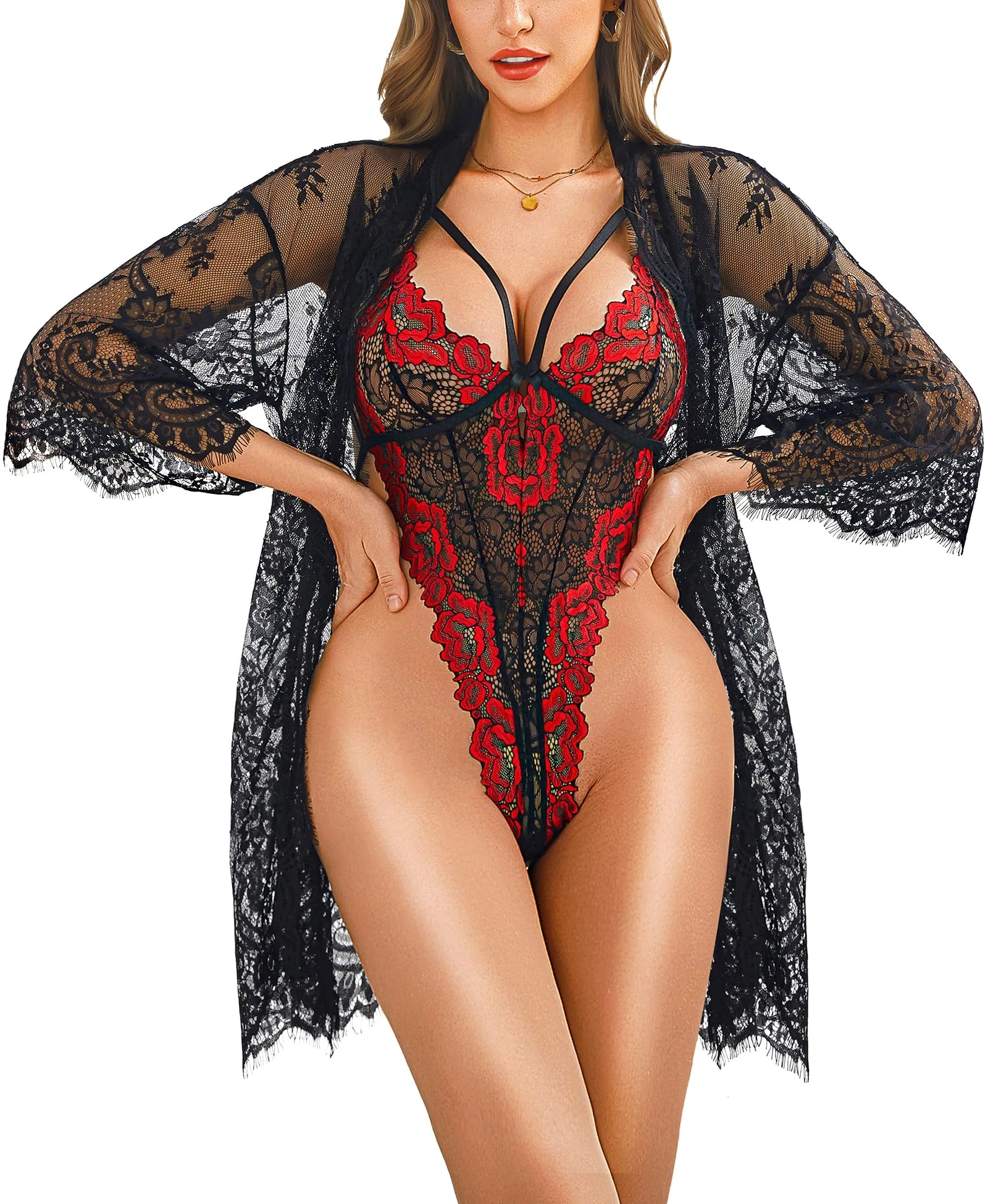 RSLOVE Sexy Lingerie for Women - Lace Bodysuit with Robe Nightwear Set Mesh Sleepwear Black Red S