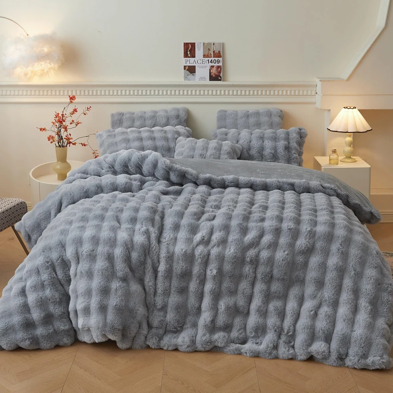 LIFEREVO 3 PCS Fluffy Faux Rabbit Fur Duvet Cover Set Queen Size, Gray