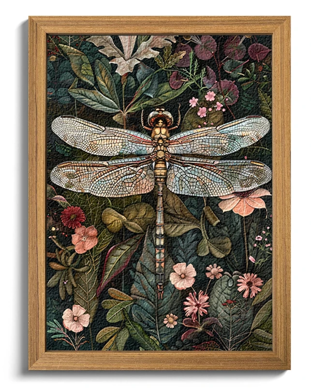Framed Vintage 3D Textured Wall Art - Dark Green Dragonfly Flowers Wall Decor - Hand Drawn Sandstone Nature Botanical Pictures for Living Room Bedroom Home Decor 24x36in