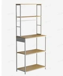 VASAGLE KKS050YA01 Kitchen Shelf with LED Lighting, Standing Shelf with Sockets, Microwave Shelf with Adjustable Shelves, 8 Hooks, 40 x 80 x 168.4 cm, Matte Gold Oak - Image 1