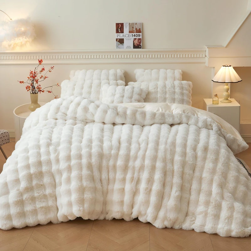 LIFEREVO 2 PCS Fluffy Faux Rabbit Fur Duvet Cover Set Twin Size, Beige