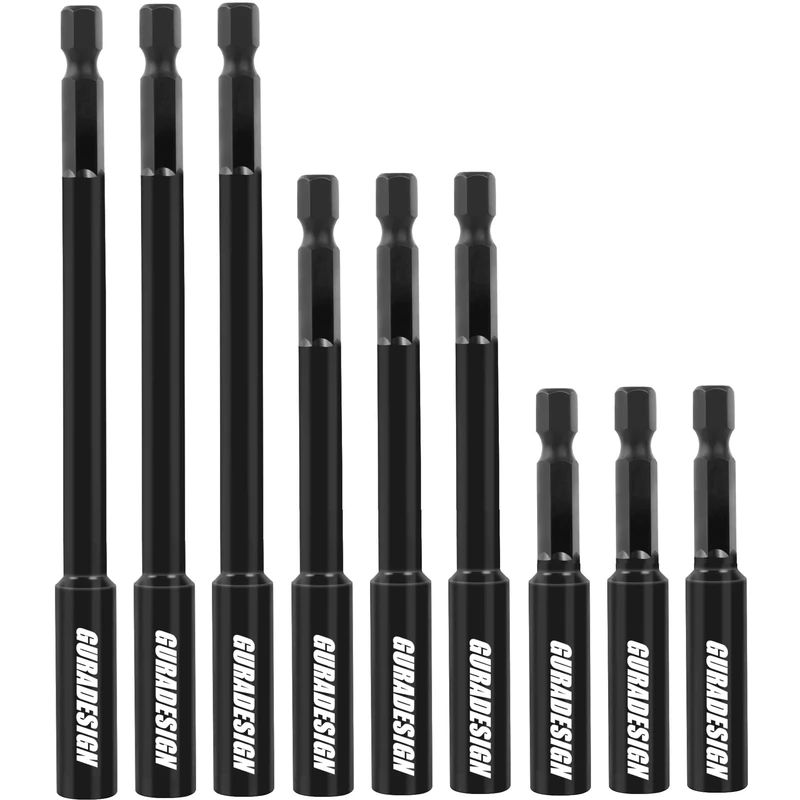 GURADESIGN 9-Piece 1/4”Magnetic Extension Socket Drill Bit Holder, 60mm 100mm 150mm Long(2.36-9"), 9pcs Screwdriver Extension, Quick-Change Hex Shank Set