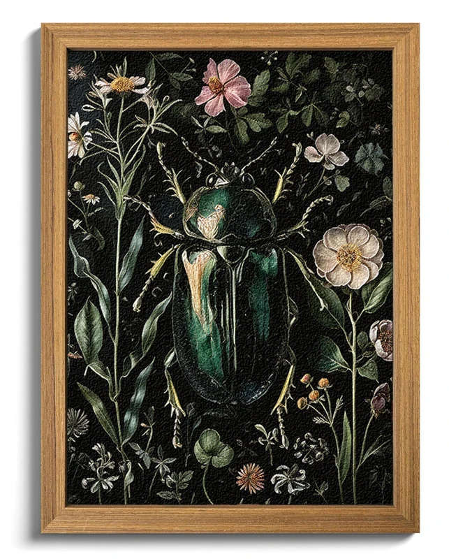Framed Vintage 3D Textured Wall Art - Gothic Dark College Beetle Wall Decor - Hand Drawn Sandstone Nature Botanical Pictures for Living Room Bedroom Home Decor 24x36in