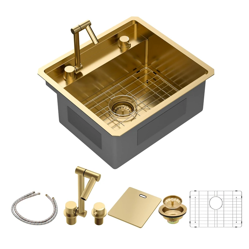 Sarlai Outdoor Sink, 21x19 Inch Gold Undermount Kitchen Sink Workstation with Foldable Faucet Bar Prep Single Bowl Gold Kitchen Sinks16 Gauge Stainless Steel BBQ Sinks with Cover 21"x19"x9“
