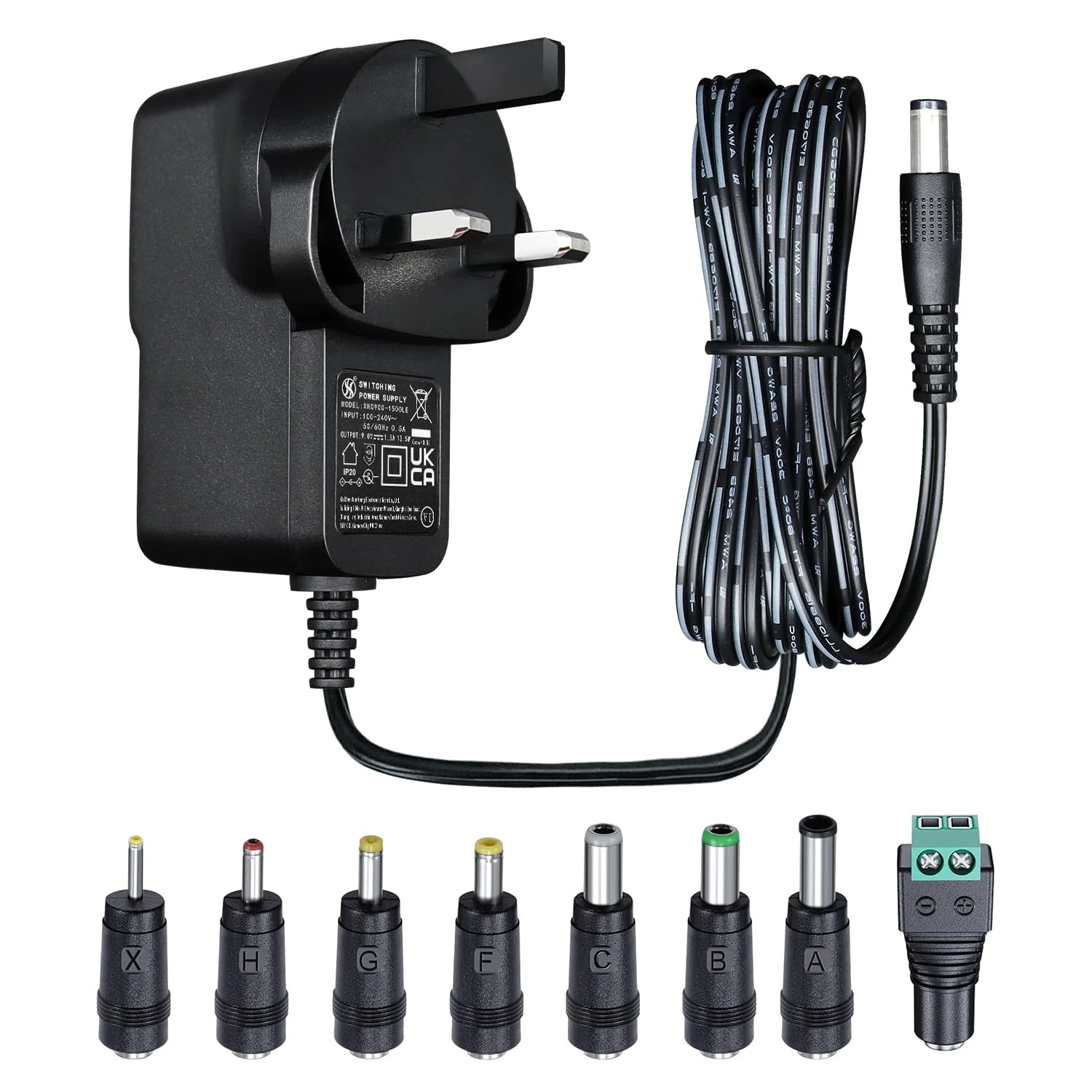 9V 1.5A 1.8M/6ft Long Power Supply Adapter, AC DC Switching Adapter (Input 100-240V, Output 9Volt 1.5Amp/1500mA), Wall Mount Transformer Plug with 8 Interchangeable Adapter Jacks, UKCA Listed
