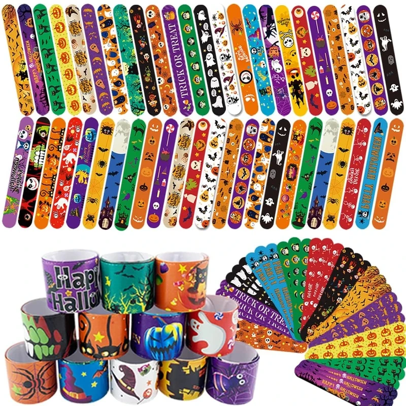 FODYNE 100Pcs Halloween Slap Bracelet, Slap Bands with Spider Pumpkin Ghost Zombie Bat Witches Design Snap Wristbands for Kids Party Favors Toys Prizes Goodie Bags Fillers
