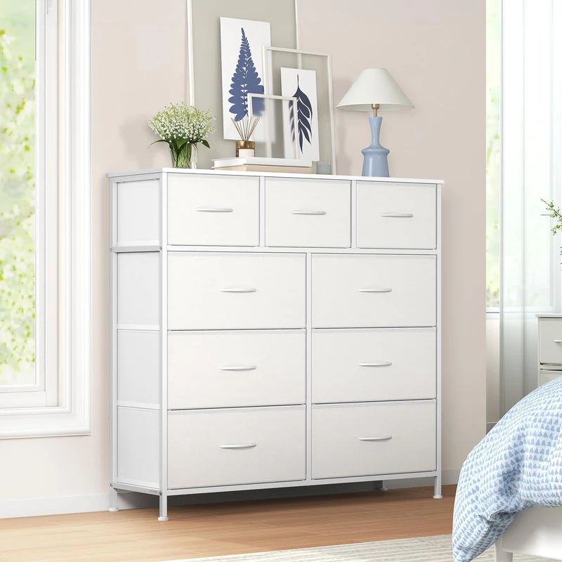 SONGMICS Chest of Drawers, 9 Storage Drawers Bedroom, Storage Unit, Steel, MDF, Non-Woven Fabric, for Bedroom, Closet, Hallway, Living Room, Cloud White and Snow White LGS324WH01