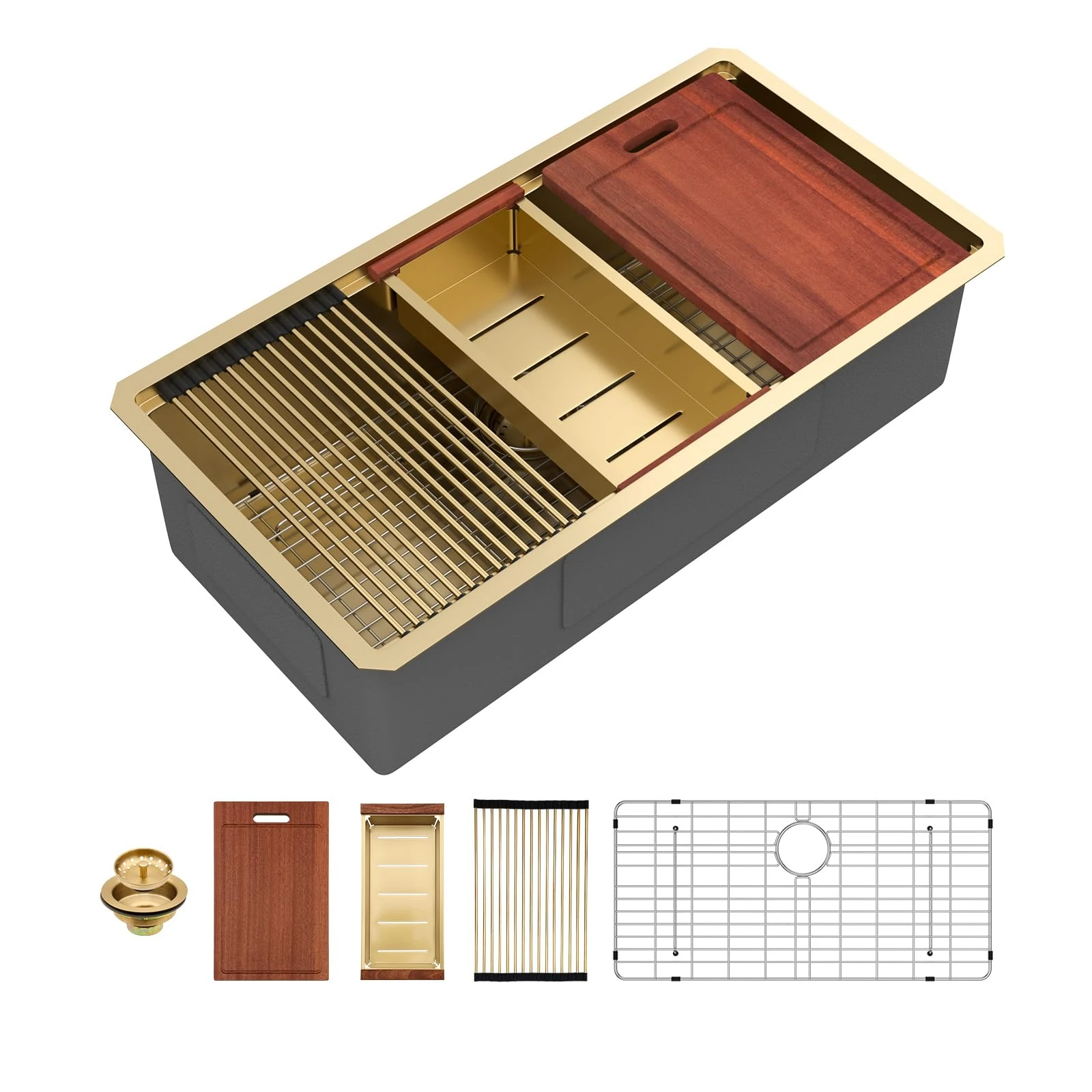 Sarlai 36 Gold Undermount Kitchen Sink Workstation - 36x19 Inch Kitchen Sinks with Ledge NANO-Tech Gold Sink Round Corner 16 Gauge Stainless Steel Single Bowl Sink Basin