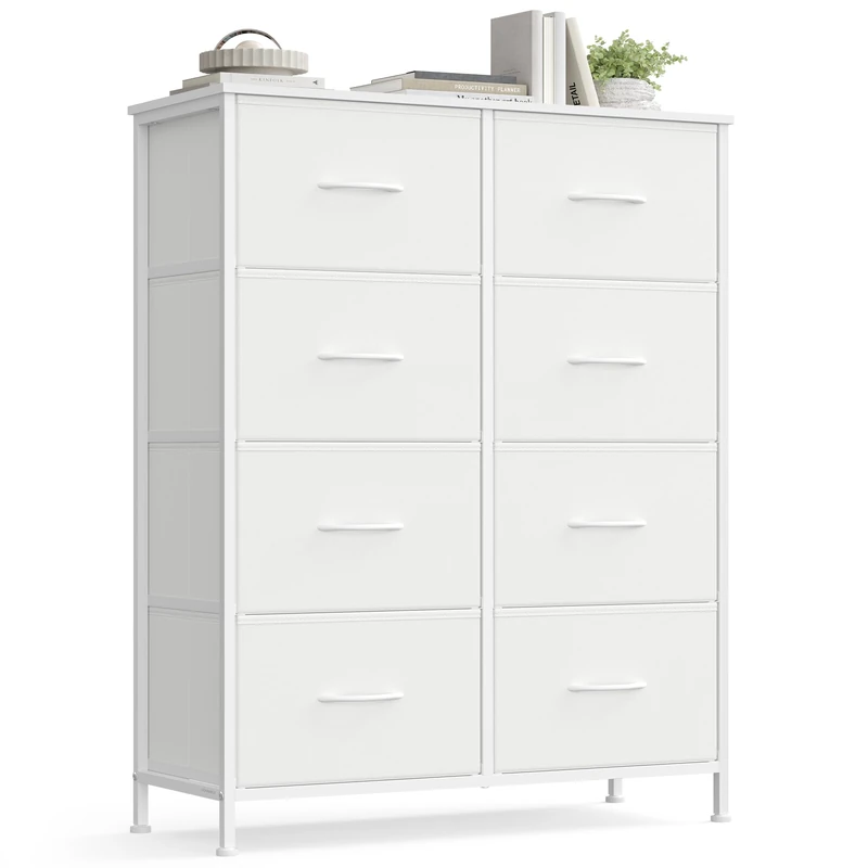 SONGMICS Chest of Drawers, 8 Fabric Drawers Storage Unit, Steel, MDF, Non-Woven Fabric, for Bedroom, Closet, Hallway, Living Room, Cloud White and Snow White LGS124WH01