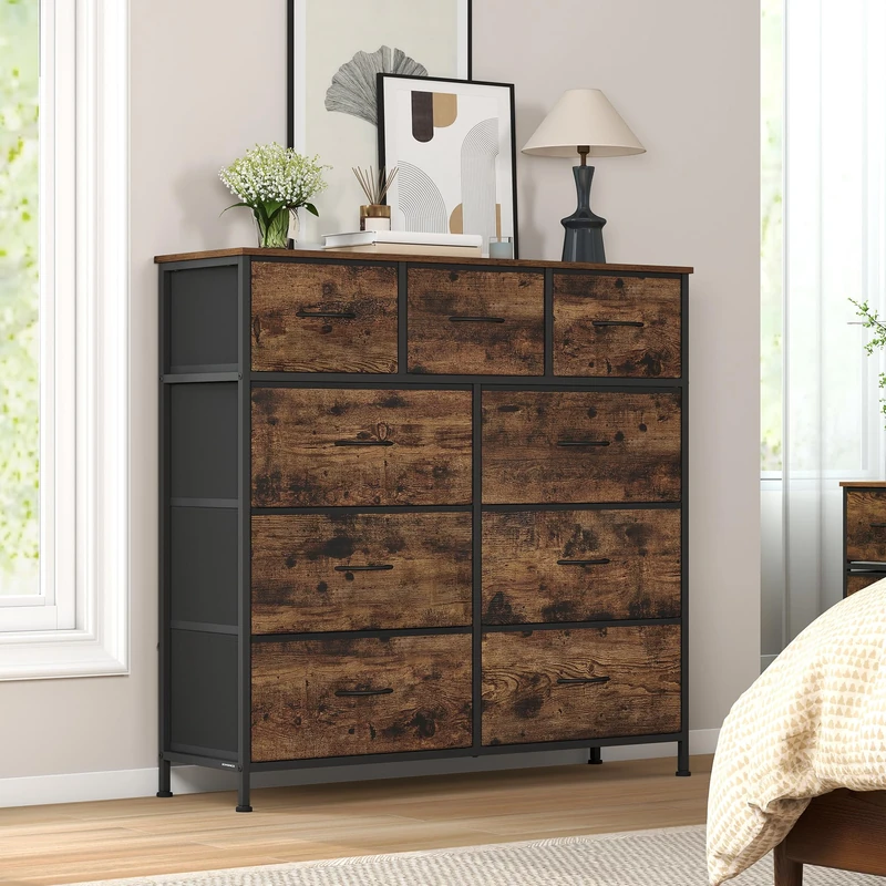 SONGMICS Chest of Drawers, 9 Storage Drawers Bedroom, Storage Unit, Steel, MDF, Non-Woven Fabric, for Bedroom, Closet, Hallway, Living Room, Rustic Brown and Ink Black LGS324BH04