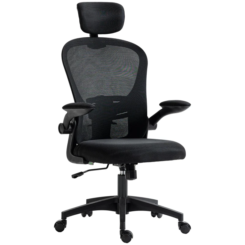 Vinsetto High Back Office Chair, Mesh Computer Desk Chair with Rotatable Headrest, 4D Lumbar Support, Flip-up Arm, Adjustable Height, Black