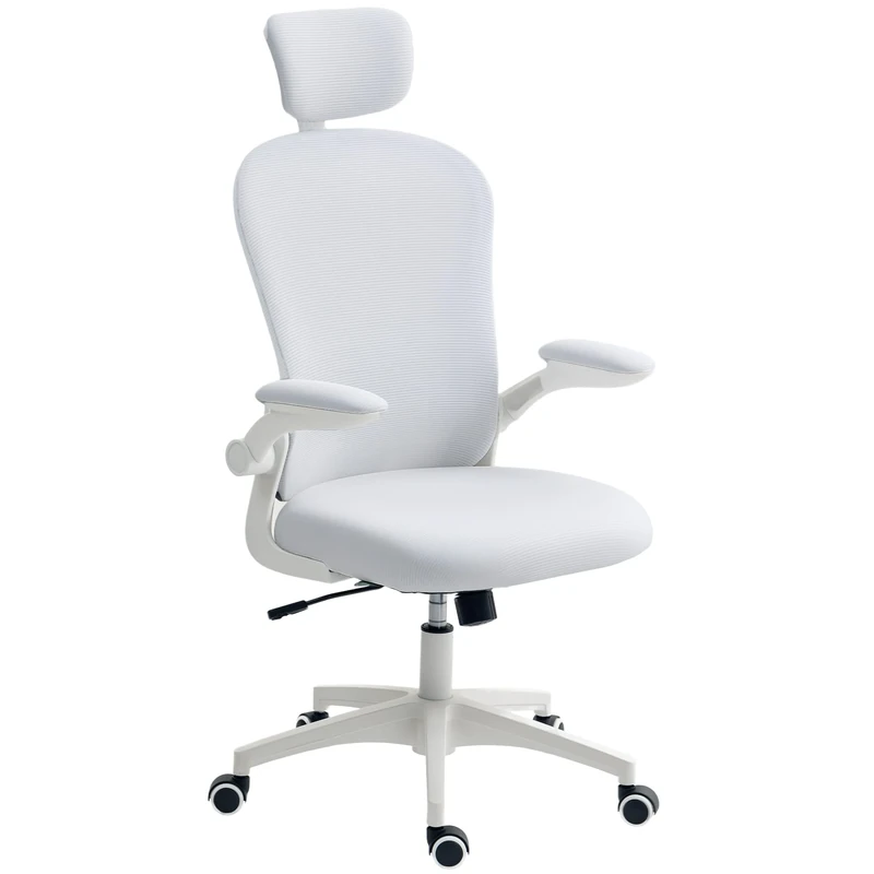 Vinsetto High Back Office Chair, Mesh Computer Desk Chair with Rotatable Headrest, 4D Lumbar Support, Flip-up Arm, Adjustable Height, White