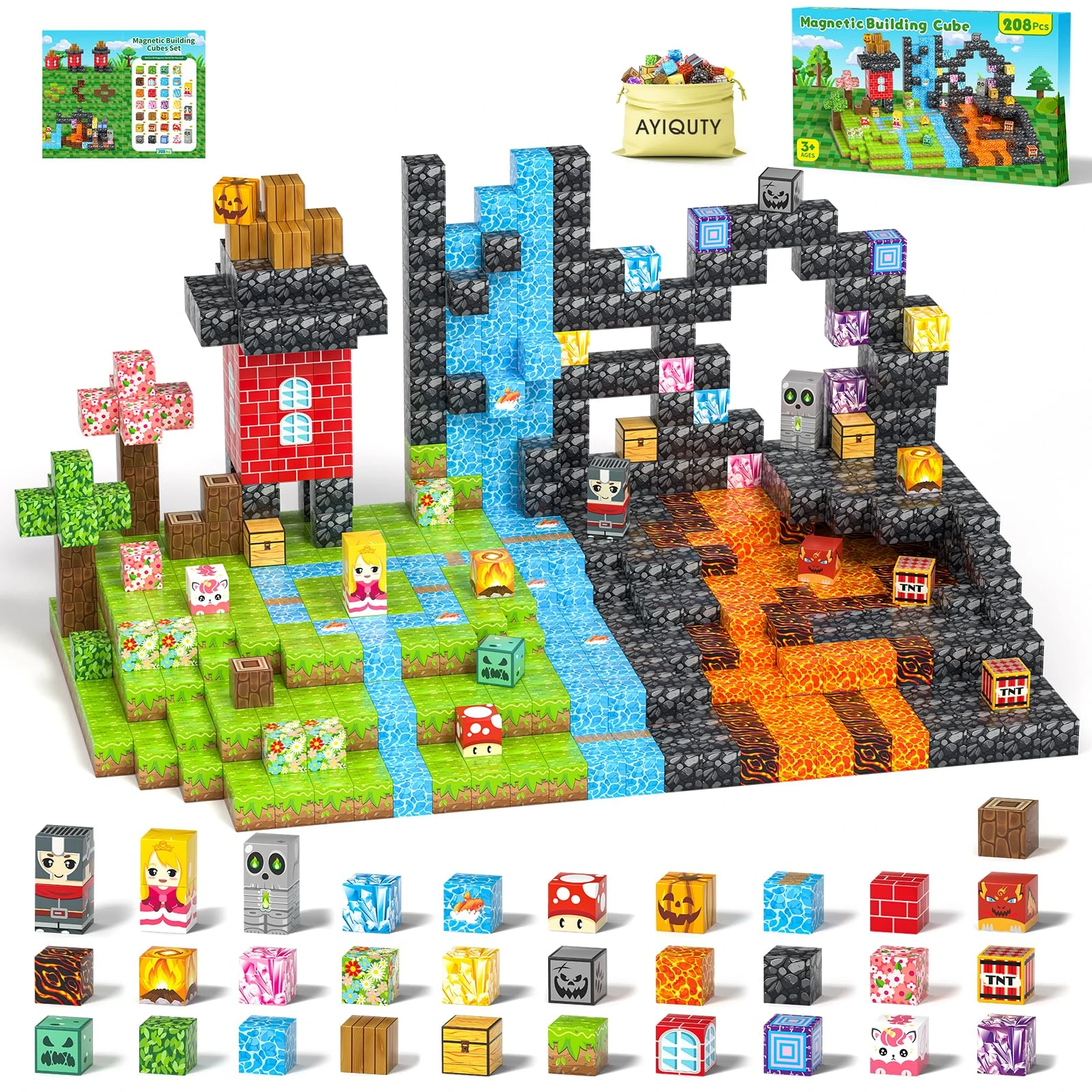 Magnetic Building Blocks for Kids, 208PCS Magnetic Cubes Set, 34 Elements Magnet Tiles Games, Creative Educational Magnet Toys Gifts for 3 4 5 6 7 8 9+ Year Olds Boys Girls Birthday Xmas Gifts