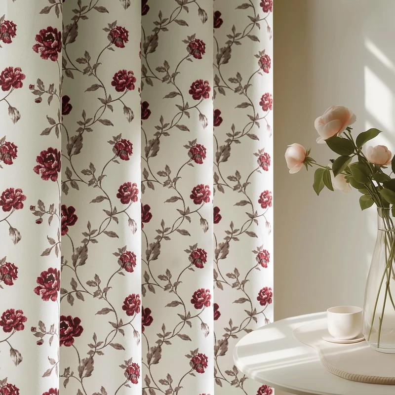Beauoop Floral 100% Blackout Curtains 96 Inches Long 2 Panels for Bedroom Living Room Red Brown on Beige Vintage Rose Flower Patterned Room Darkening Thermal Soundproof Grommet Window Drapes, 52X96