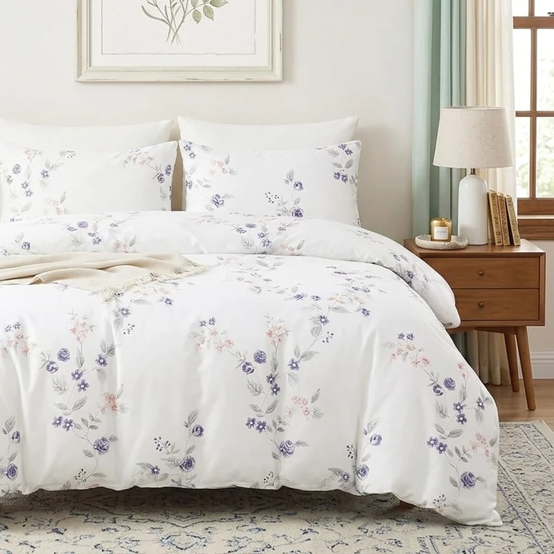 Cozaline King Duvet Cover Set – 100% Nature Cotton Botanical Floral Bedding on White, 3-Piece Breathable & Soft Cottagecore Comforter Cover Set with Zipper Closure