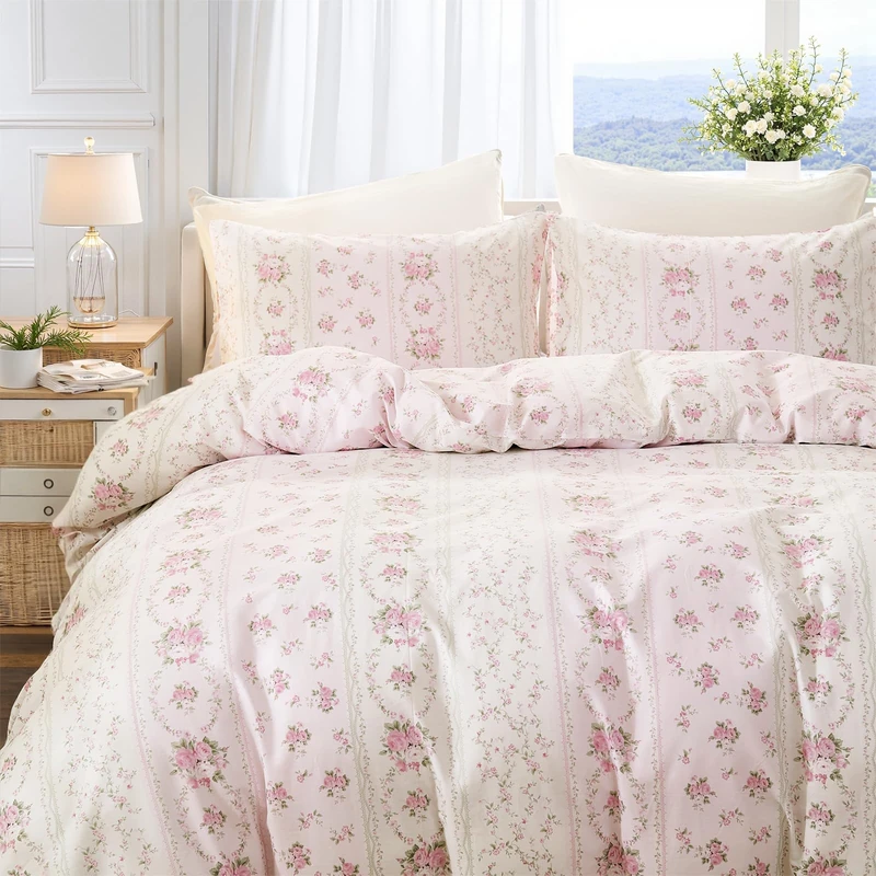 Cozaline Duvet Cover King Size - 100% Cotton Reversible Floral Duvet Cover Set with Zipper Closure, 3 Pieces Soft & Breathable Pink Aesthetic Bedding Set