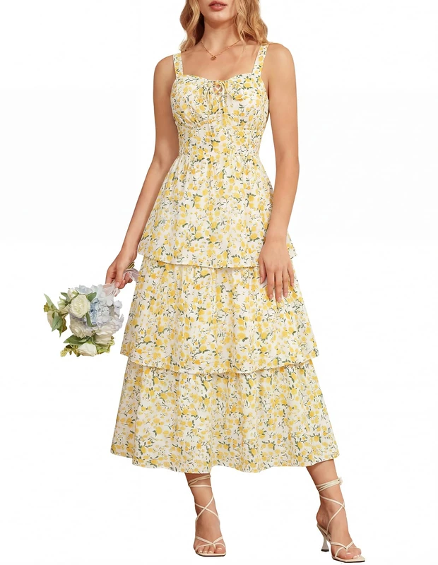 Scarlet Darkness Milkmaid Corset Dress for Women Summer Wedding Guest Dresses Cocktail Floral Sundress with Pockets, Yellow Flower, 10
