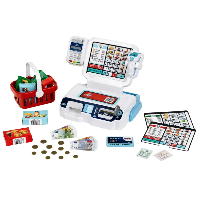 Theo Klein 7265 self-service checkout I Scanner with light & sound I Display with 3 themes I Shopping basket, toy money and much more. I Toy for children aged 3 and over
