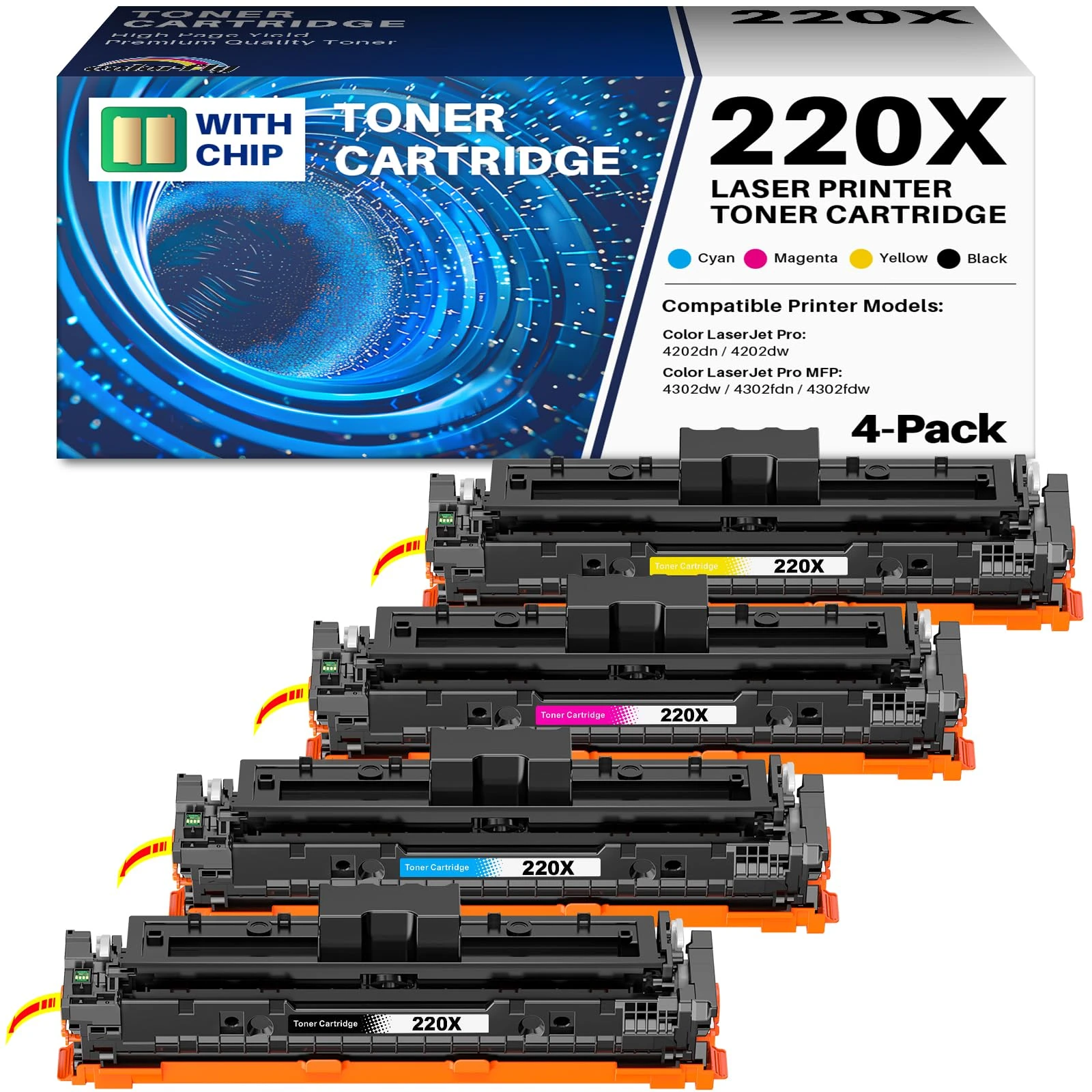 colorfly 220X 220A Toner Cartridge: With Chip Compatible for HP 220X 220A W2200X with HP Color Laserjet Pro MFP 4302dw 4302fdw 4302fdn 4202dn 4202dw W2200X W2201X W2202X W2203X (4 Pack)