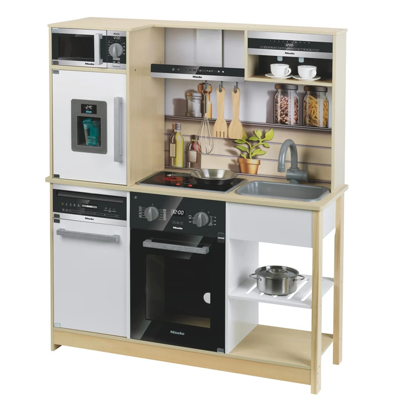 Theo Klein 7188 Miele Family Kitchen I Wood kitchen with stove including light and sound function, microwave and refrigerator with ice cube dispenser