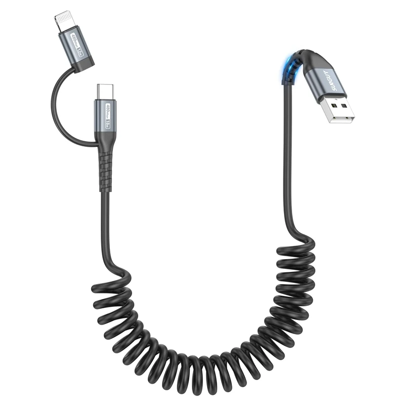 SUNGUY Coiled USB to USB C and Light-ning Cable, 5FTComfortable Length:1.3FT-3.3FT USB A toUSB C and Light-ning Cable für Android Auto Carplay iphone 13/16, Galaxy S24,Google Pixel, Xiaomi-Grey