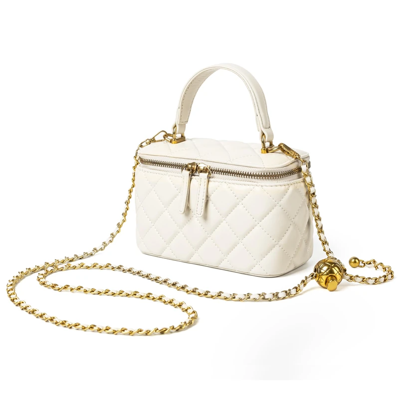 DORIS&JACKY Small Quilted Box Crossbody Purse For Women Designer Leather Mini Top Handle Pouch Bag With Metal Chain Strap, 3-white