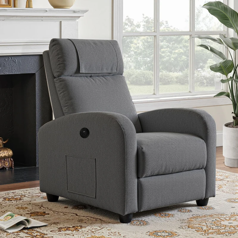 FiveWillowise Recliner with USB & Type-C Ports - Leg Rest, Dark Grey
