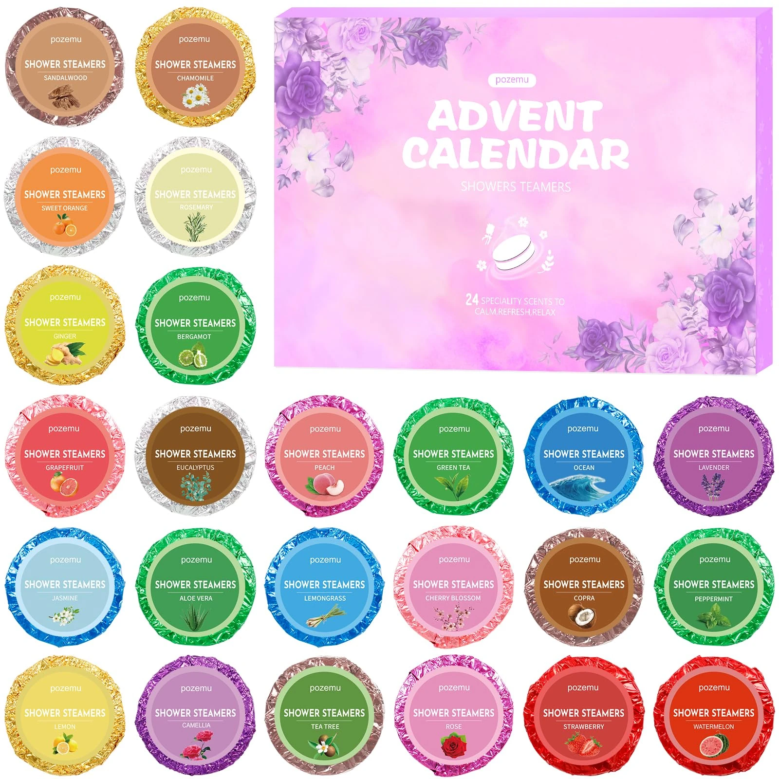 Pozemu Shower Steamers Advent Calendar 2025 for Adult Kids Bath Bombs Aromatherapy Advent Calendars for Women Men Girls Boys