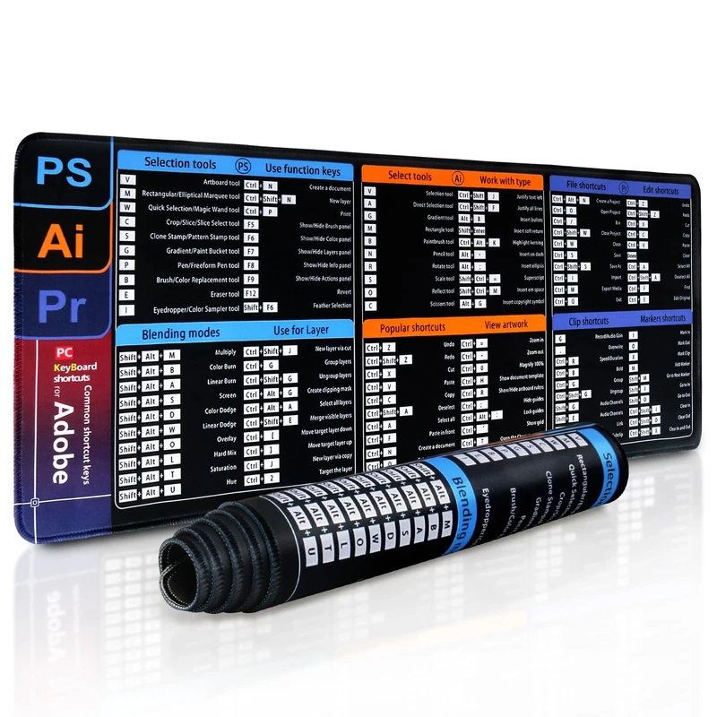 Zhiwei Adobe PS Shortcut Cheat Sheet Mat Mouse pad Large 11.8 x 31.5 inch Anti Slip and Waterproof Used for Large Games, classrooms, Office Software PS Shortcuts Mousepad. (Drawing Shortcuts)