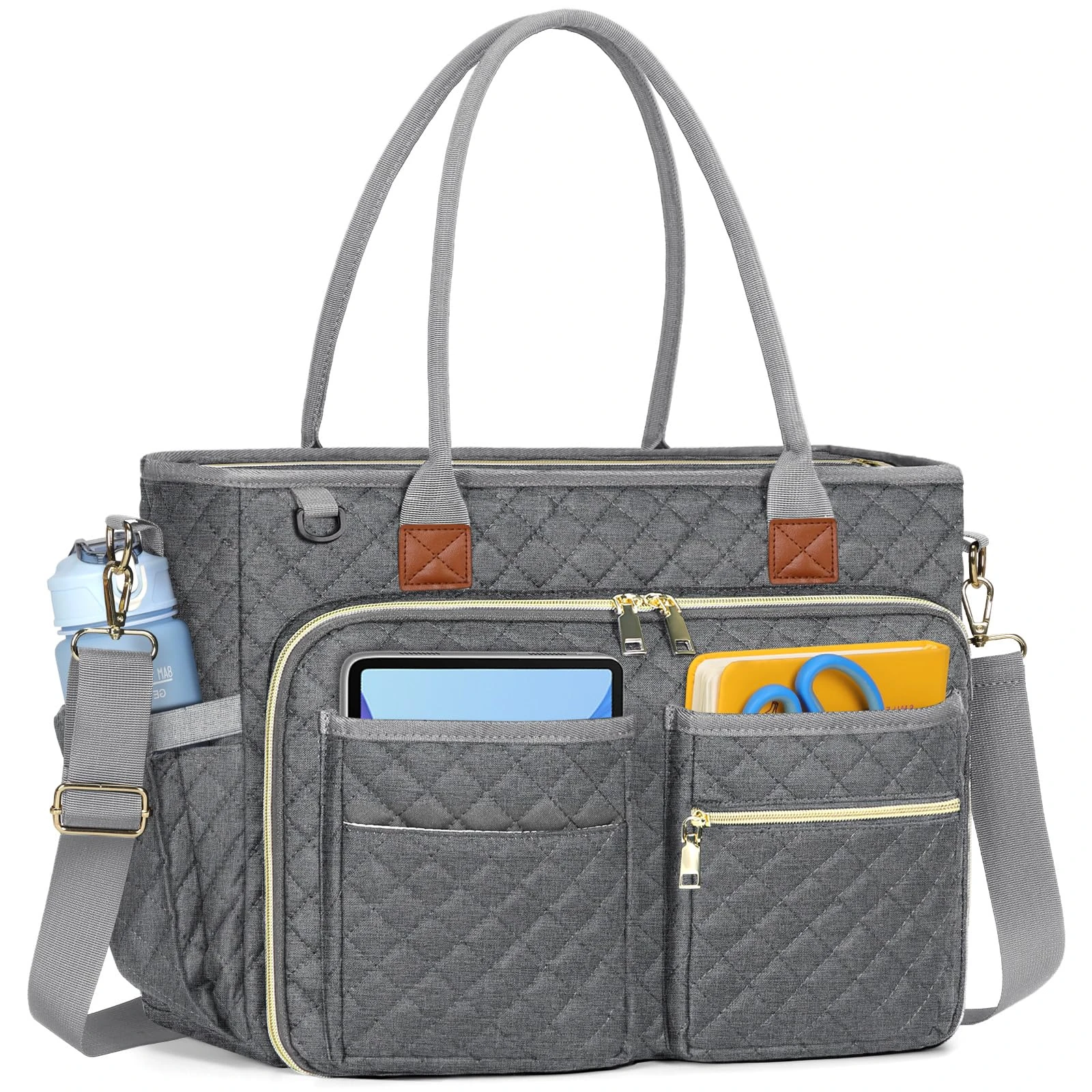 RAINSMORE Laptop Tote Bags for Women Teacher Work Bags 15.6 inch Large Nurse Bag Computer Messenger Briefcase with Insulated Pocket, Laptop Briefcase for Office College School University, Grey