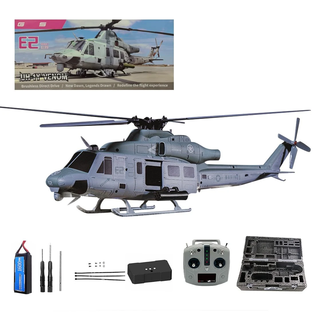 BuildCubes GS E2 UH-1Y Remote Control Helicopter, 2.4G 6CH Dual Brushless Direct Drive Aerobatic Military RC Helicopter for Adults, GTS Flight Control Mode1 Army RC Aircraft Toy -RTF