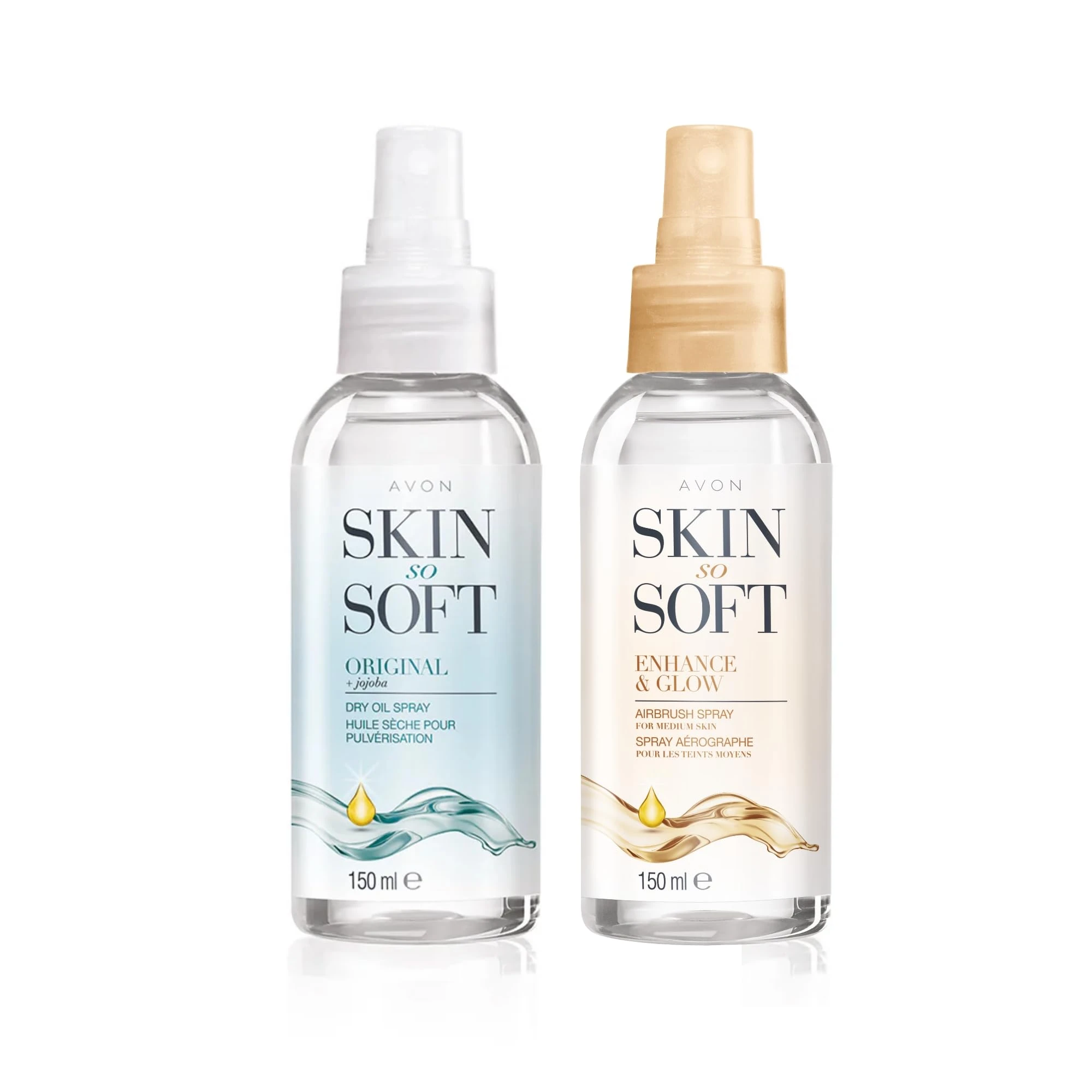 Avon Skin So Soft Original Dry Oil Spray + Enhance and Glow Airbrush Tanning Spray 150ml Duo, Sun Kissed Glow, Formulated with Jojoba Oil and Vitamin E, Quick Dry Formula, Cruelty Free