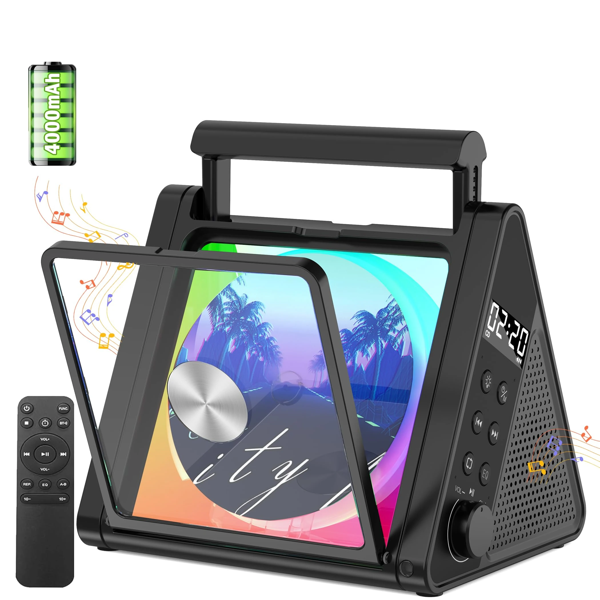 CD Player with Portable Handle, Special Triangle Design, Upgraded Bluetooth CD Player with 8 Modes RGB Lights, 4000mAh Rechargeable Battery, 20W Speakers, Remote Control, OPT/AUX/USB/FM Radio (Black)