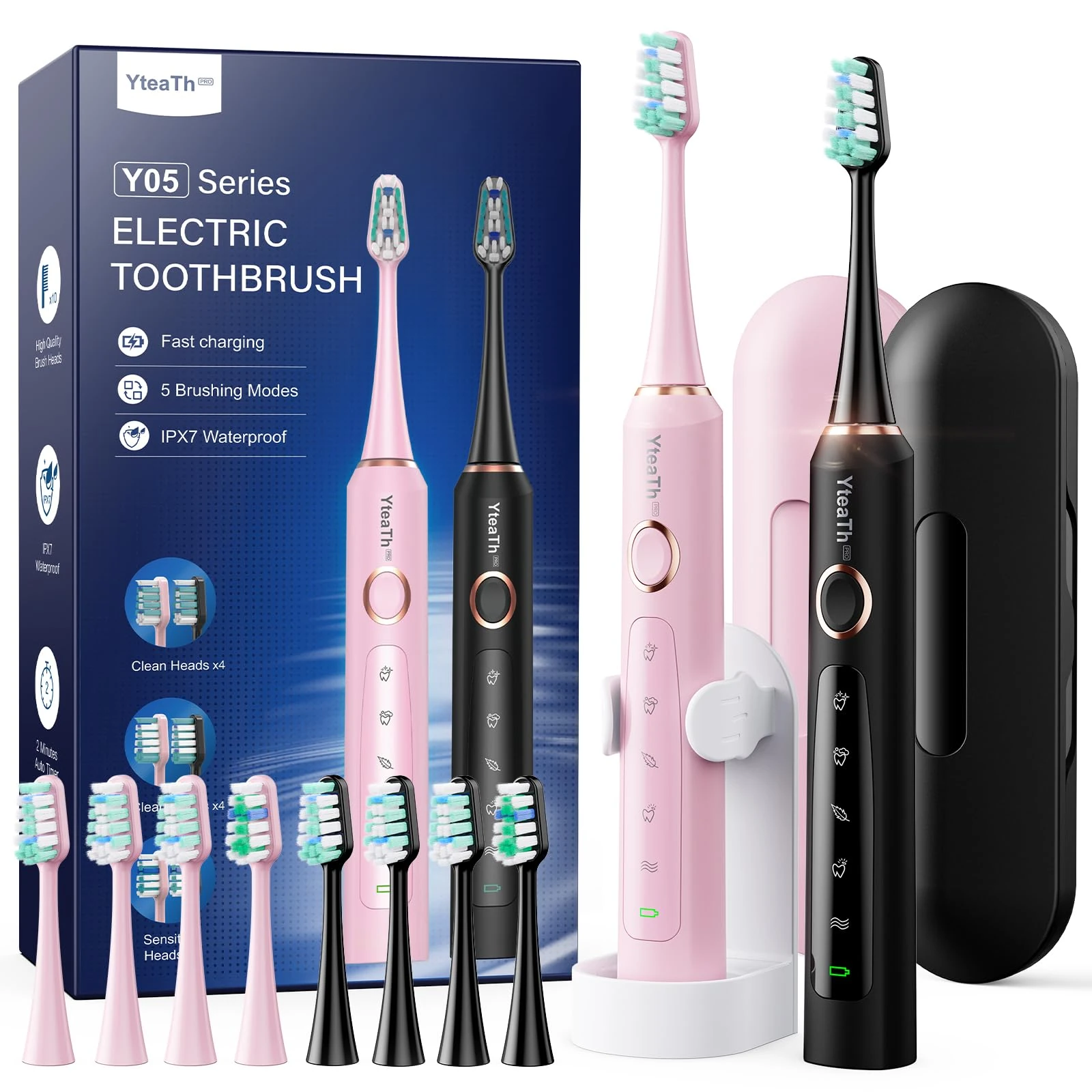 2 Pack Sonic Electric Toothbrush for Adults and Kids - Sonic Toothbrush with 10 Toothbrush Heads (2 Types), 90 Days Battery Life, 50,000 VPM, 5 Cleaning Modes, Travel Case, 2 Minute Timer