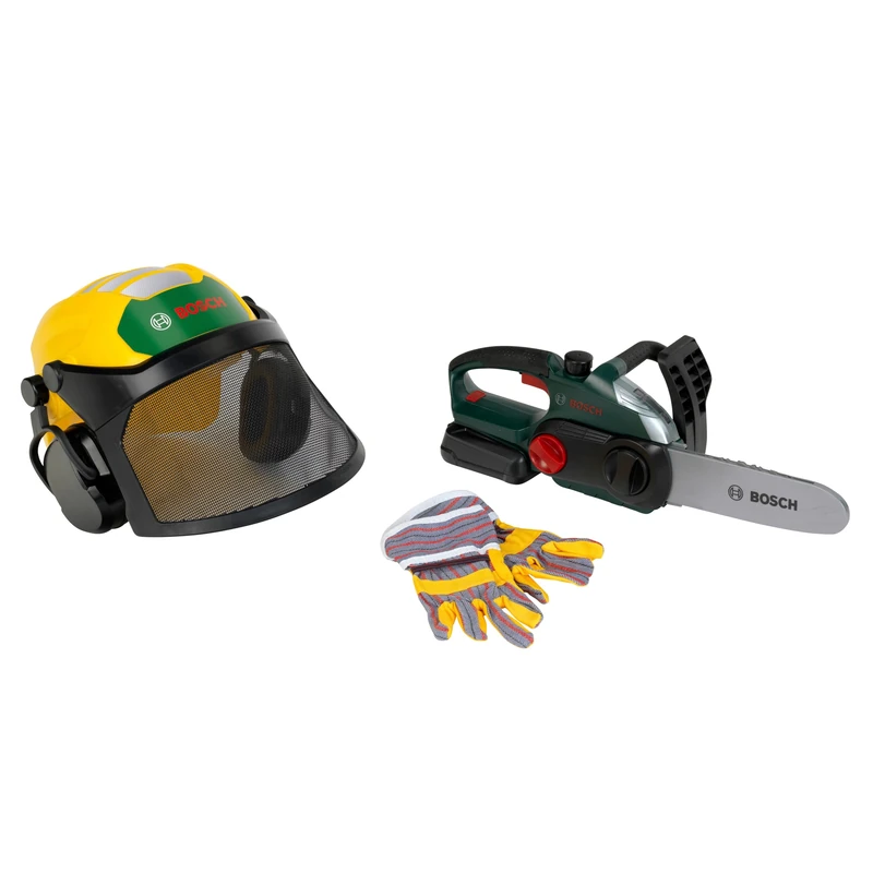 Theo Klein 8197 Bosch Lumberjack Set | With chainsaw, forestry helmet & gloves | Realistic sawing sound and flashing light | Officially licensed product | Toy for children aged 3 and up - Image 1