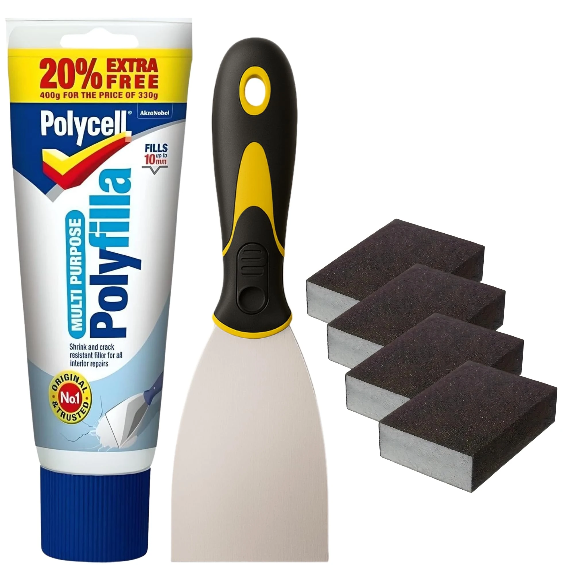 Polycell Wall Repair Bundle with Polyfilla Ready Mixed Wall Filler, Amara 3-inch Paint Scraper & 4 pieces Sanding Block Set – Ideal for Plaster & Wood Repairs