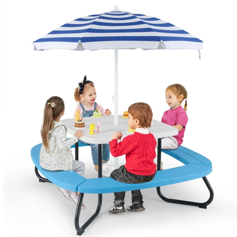 GYMAX Kids Picnic Table Set, 8 Person Toddler Garden Table with 4 Benches, Removable & Height Adjustable Umbrella, Indoor Outdoor Children Furniture Set for 3+ Years Old (Blue+White)