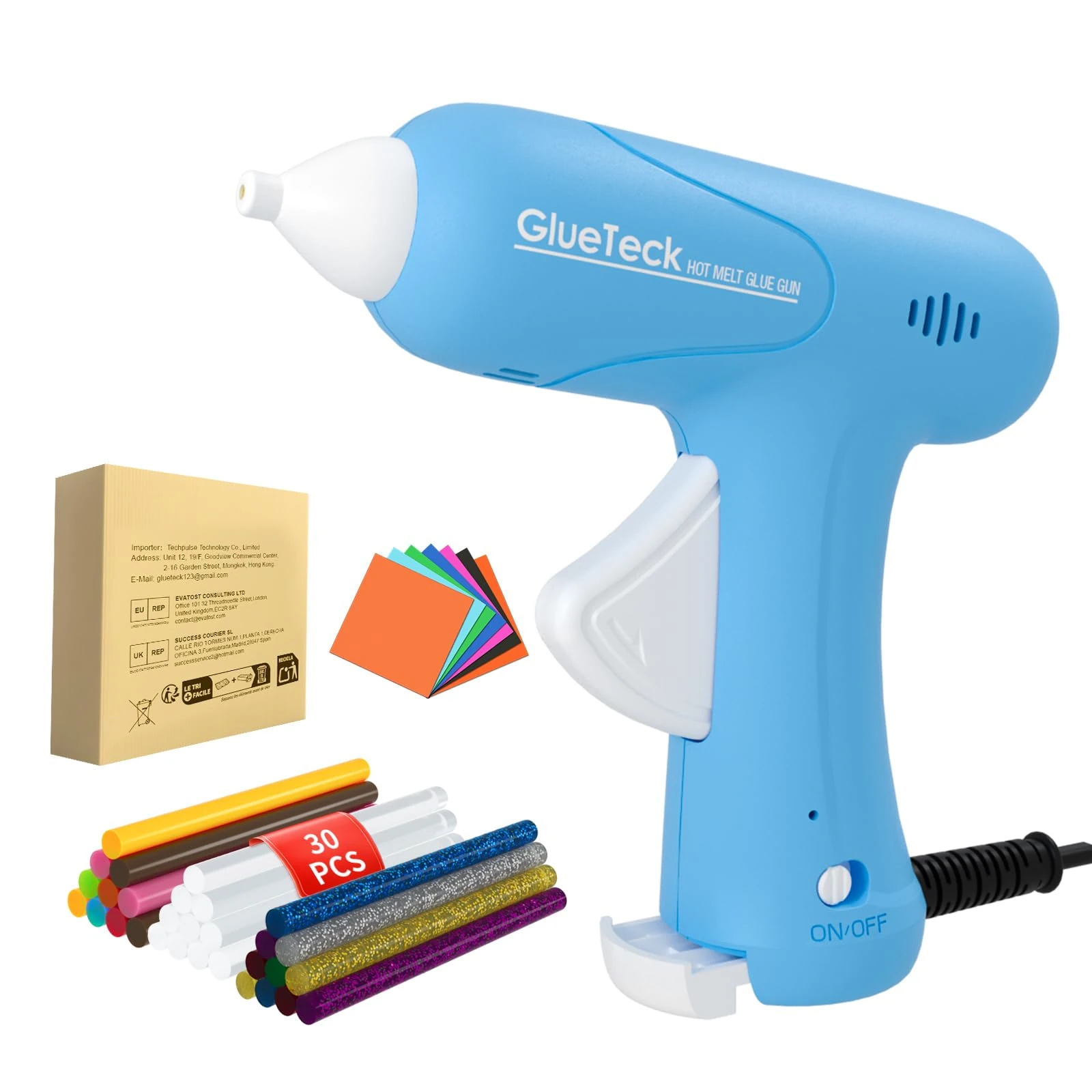 GlueTeck Mini Hot Glue Gun Kit, Fast Heating Hot Melt Gun with 30pcs Glue Sticks, Suitable for Crafts, DIY, Repair(Blue)