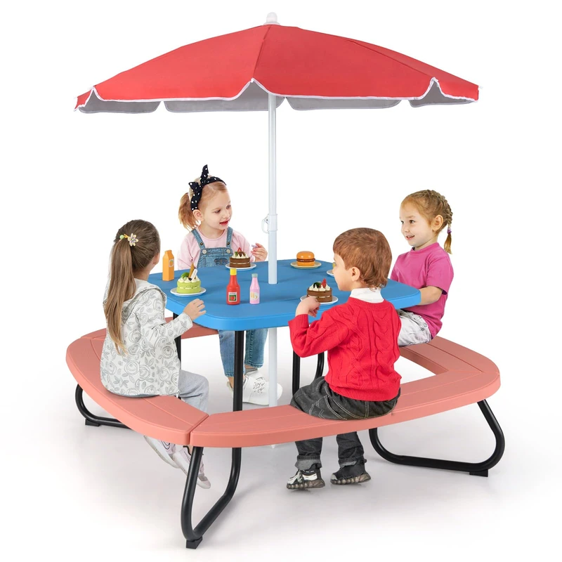 GYMAX Kids Picnic Table Set, 8 Person Toddler Garden Table with 4 Benches, Removable & Height Adjustable Umbrella, Indoor Outdoor Children Furniture Set for 3+ Years Old (Red+Blue) - Image 1