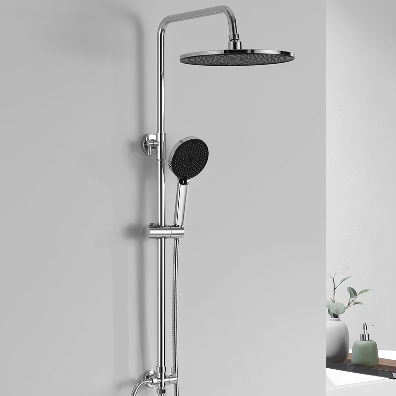 DERW Shower Riser Kit with 10" Round Rainfall Shower Head, 4 Spray Modes Handheld Shower with Rotating Bracket, Shower Set Without Mixer, Anti-Leak Hose,Easy Install, Suitable for Bathrooms(Chrome)