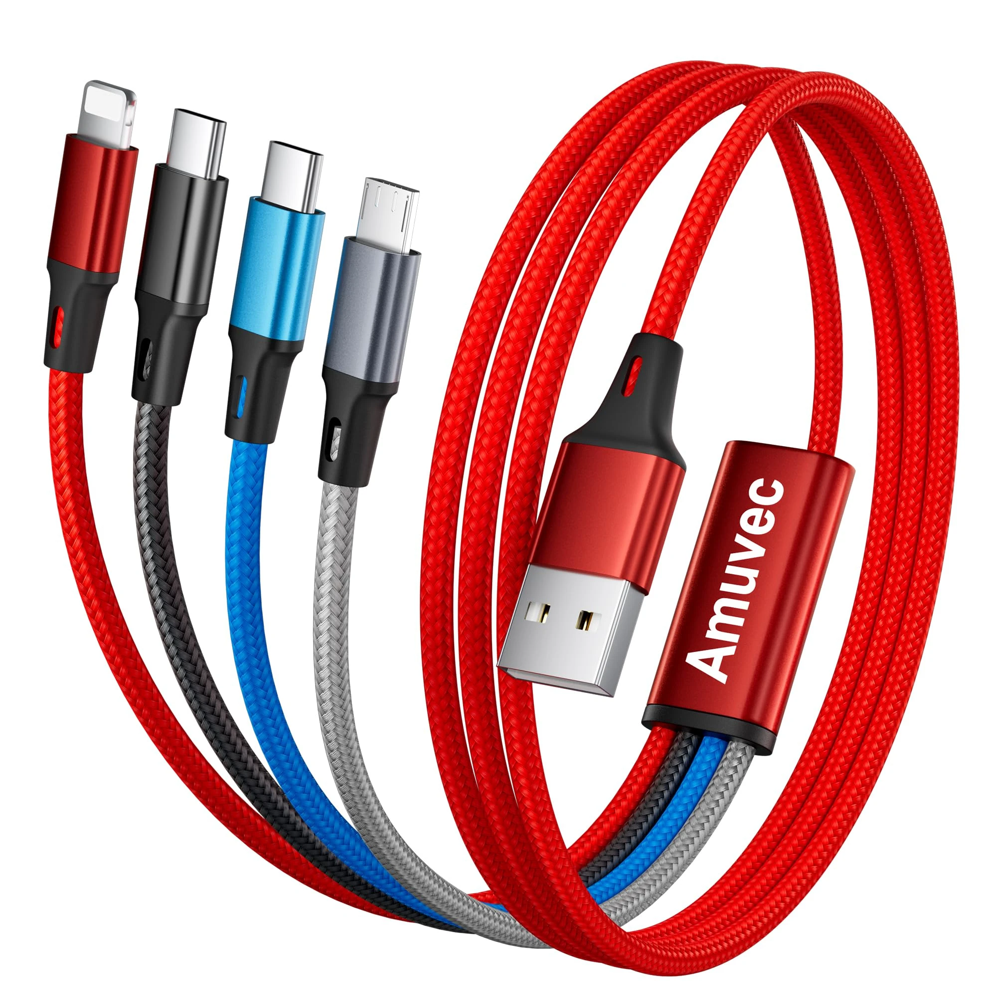 Amuvec 4 in 1 Multi USB Charger Cable, 1.2M Nylon Braided USB Cable with 2*Type C/iPhone/Micro USB Connector, 3A Fast Charging for iPhone, Android, Samsung Galaxy, Huawei, Sony, Moto, Xiaomi, LG, PS5