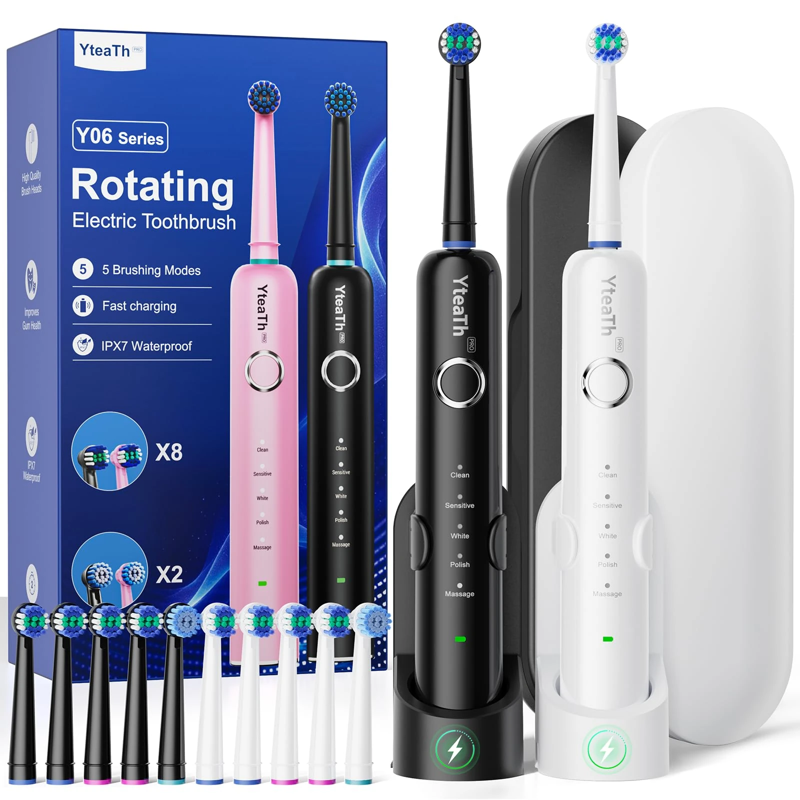 2 Pack Rotating Electric Toothbrush with 8 Brush Heads (2 Types) for Adults and Kids, 60-Day Battery Life, Wireless Wall Charging Station, 5 Modes Sonic Toothbrush with Travel Case
