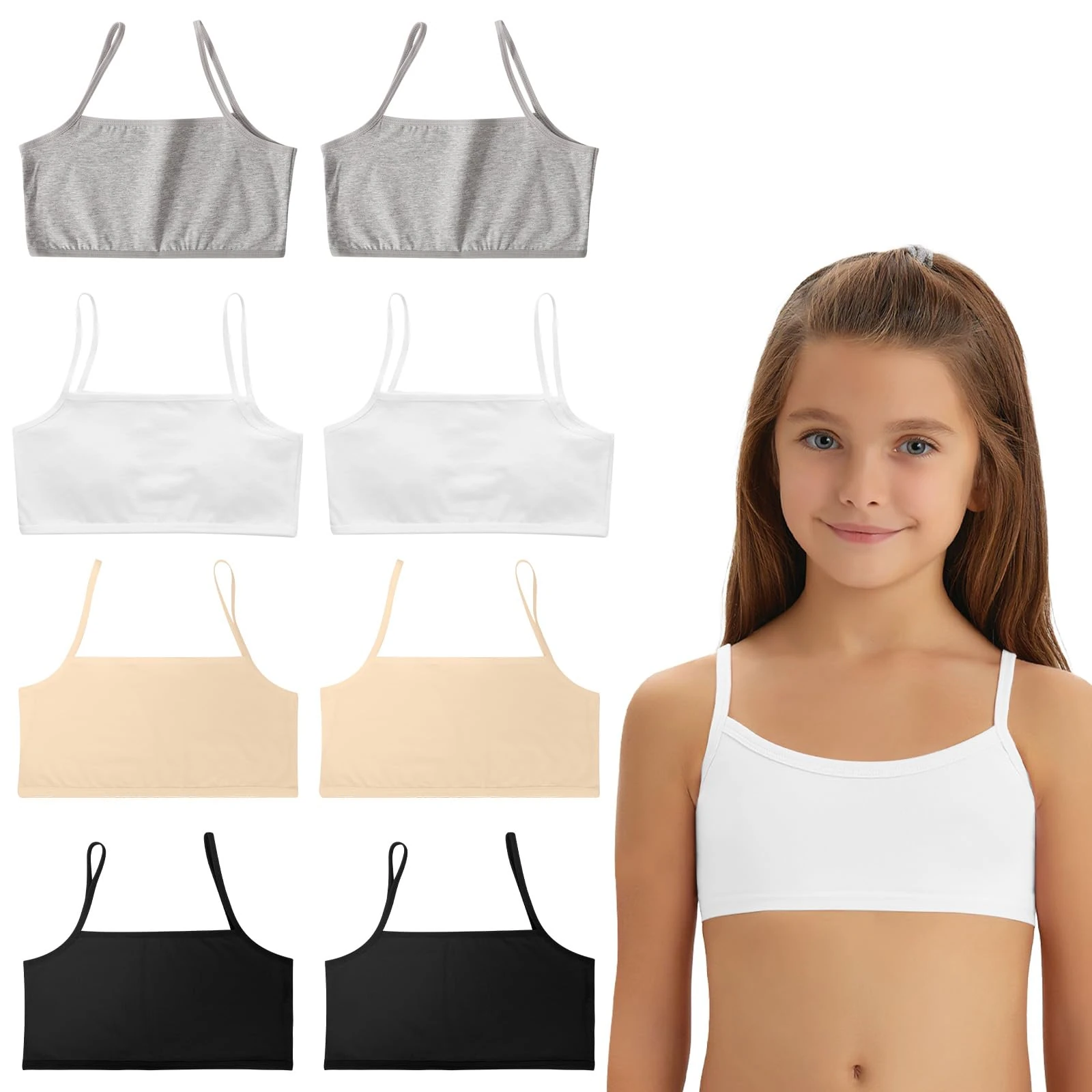 Mayoii 8 Pack Girls Sports Bras – Cotton Crop Tops for Girls, Soft Comfortable Non-Padded First Bras (UK, Age, One Size, Regular, White*2 Black*2 Skin*2 Gray*2)